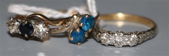 18ct gold, platinum & diamond illusion-set ring, three-stone sapphire & diamond ring and another ring